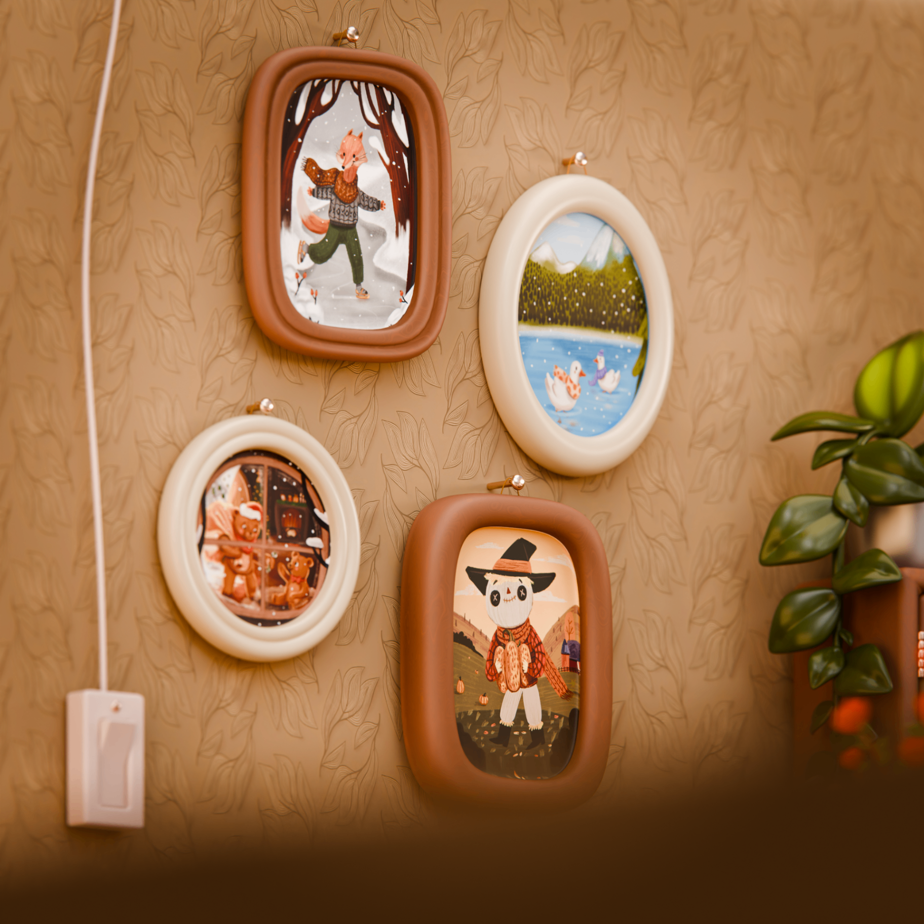 Four small rounded frames on leafy wallpaper, each with a seasonal illustration
