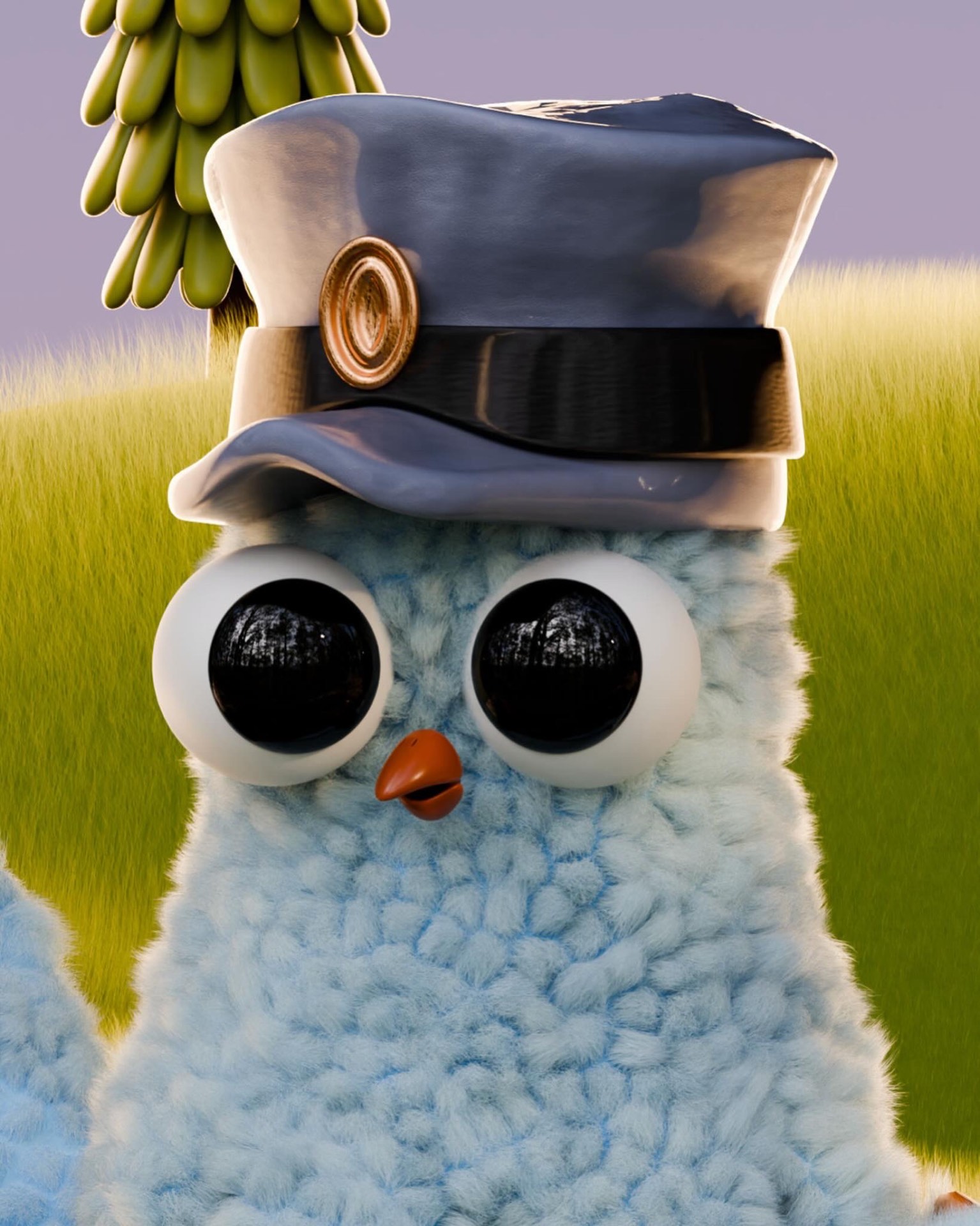 Close-up of the pigeon's face and postman's cap against a green field