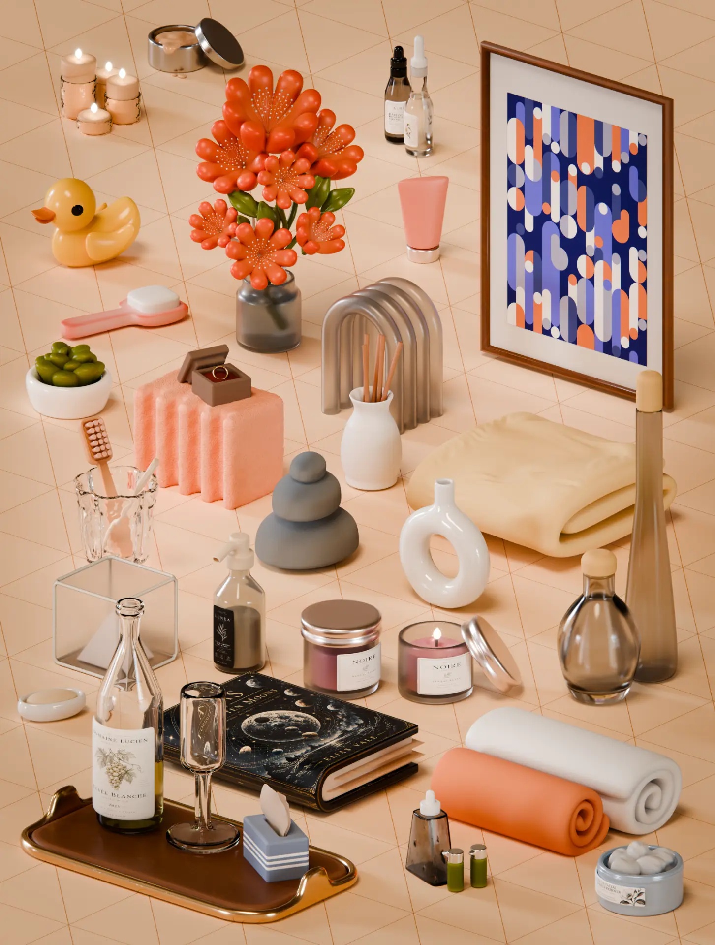 Isometric flat lay of the full bathroom prop collection — candles, rubber duck, flowers, framed poster, towels, bottles and a book