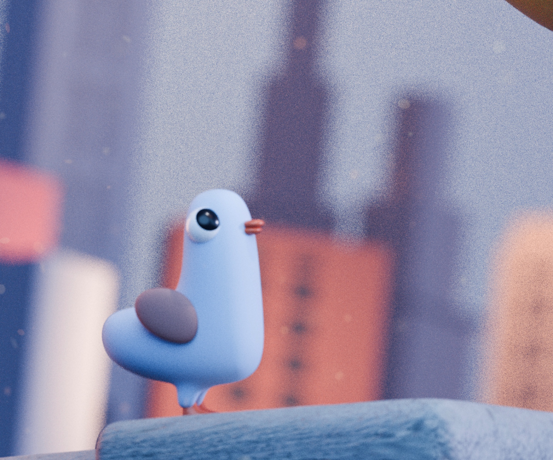 Close-up of a small blue pigeon from the Captain Cauliflower city scene