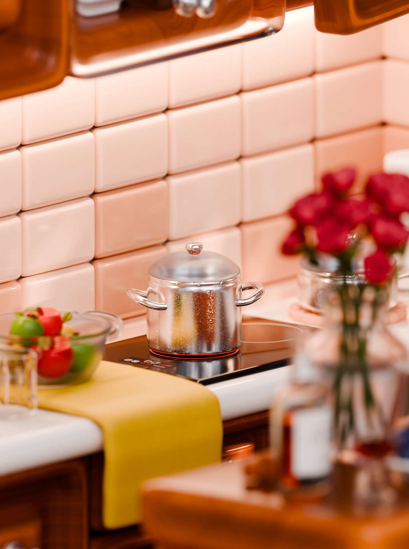 Close-up of a pot simmering on an induction cooktop against pink tiled walls