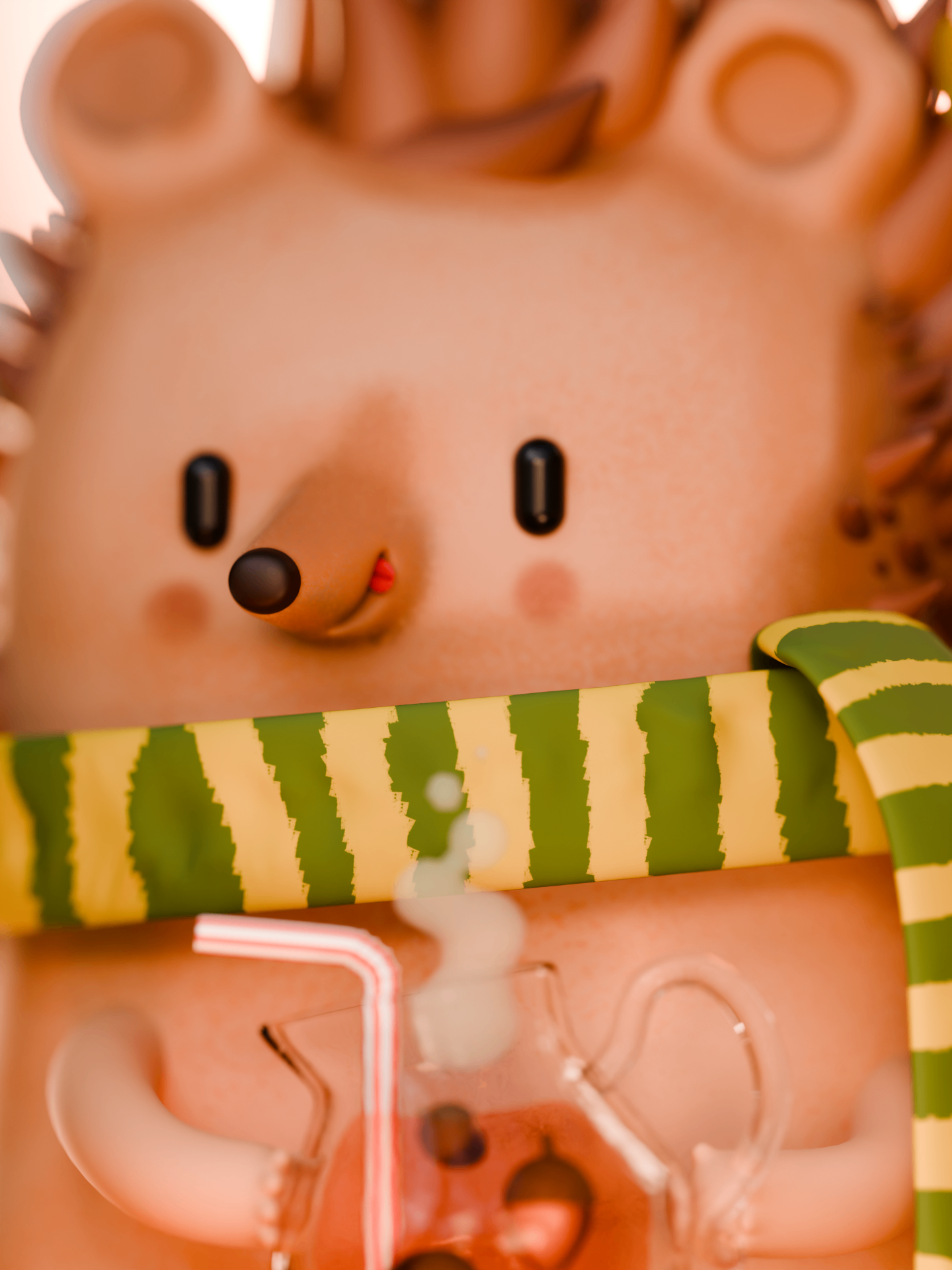 Close-up of the hedgehog's face and striped scarf