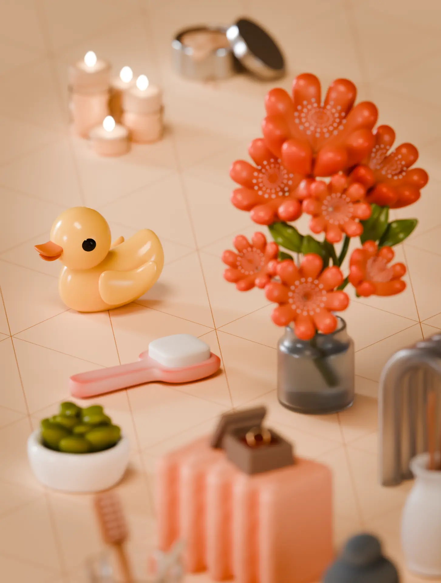 Close-up of the yellow rubber duck next to a glass vase of stylized coral flowers