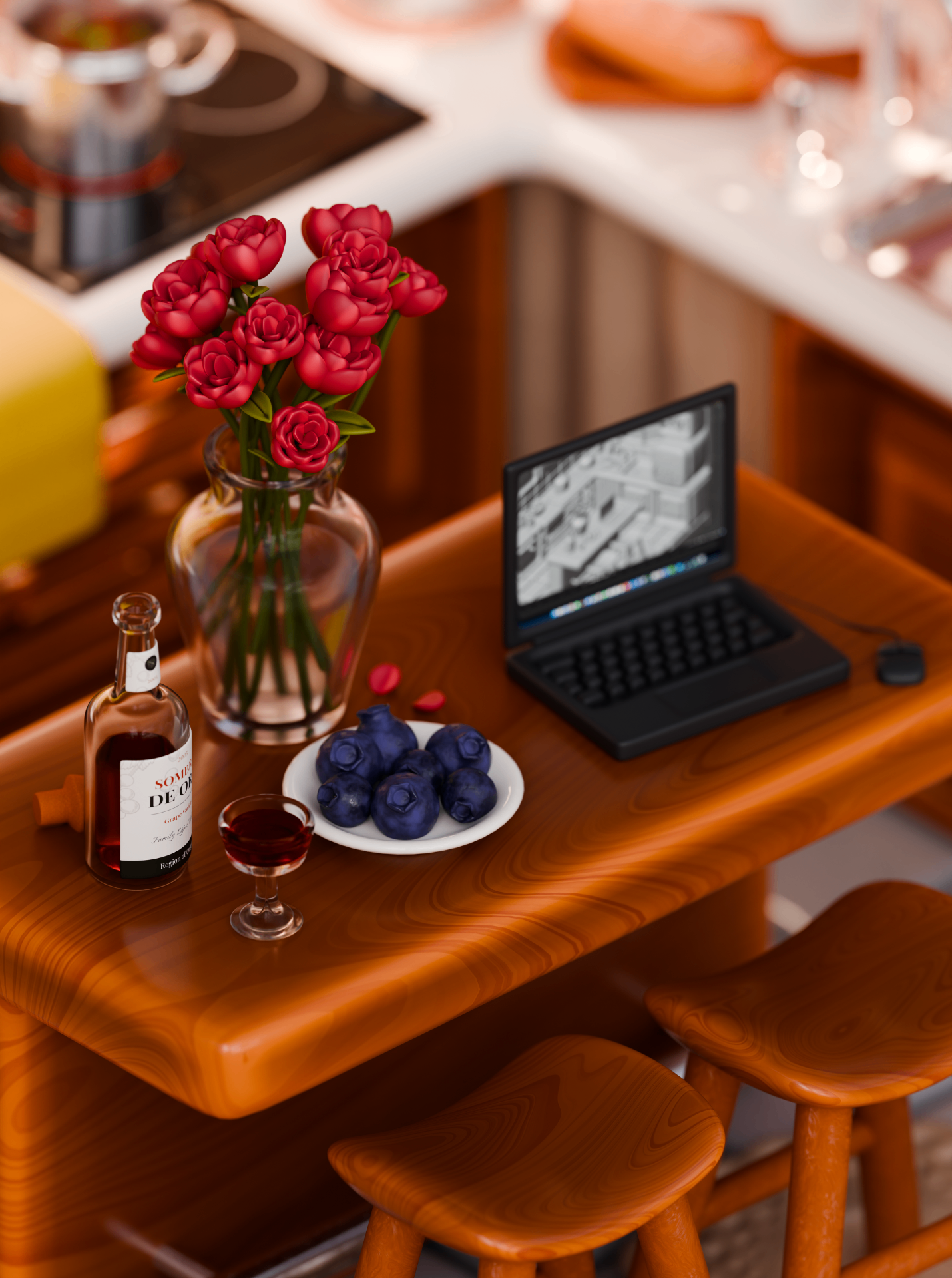 Wooden kitchen table with a vase of red flowers, blueberries, wine bottle and an open laptop