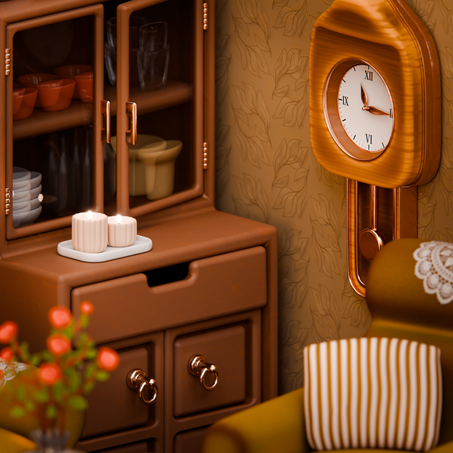 Close-up of a brown sideboard with glass doors, lit candles and a wooden pendulum wall clock