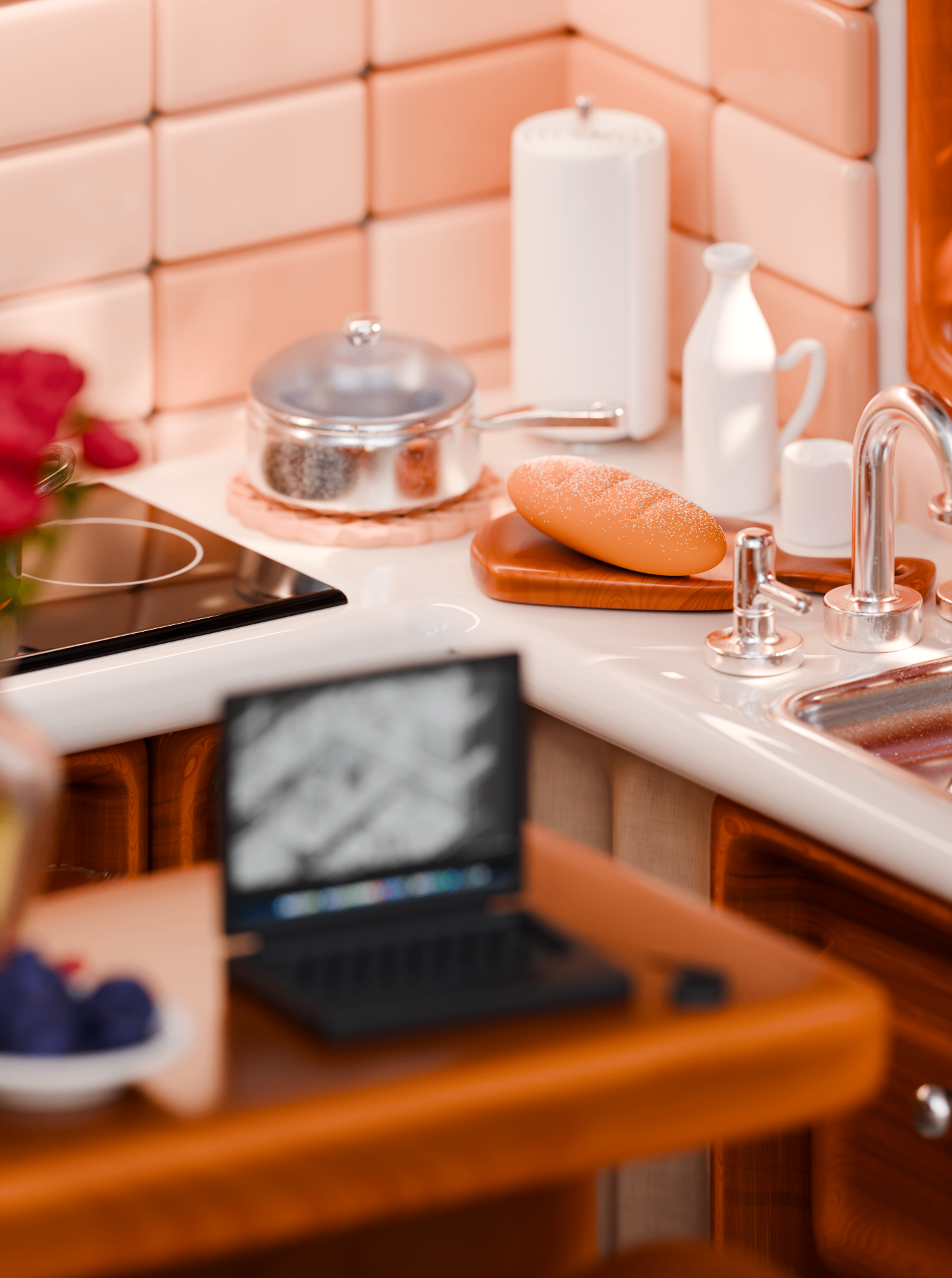 Kitchen counter with a loaf of bread, pot, fresh berries and a laptop near the sink