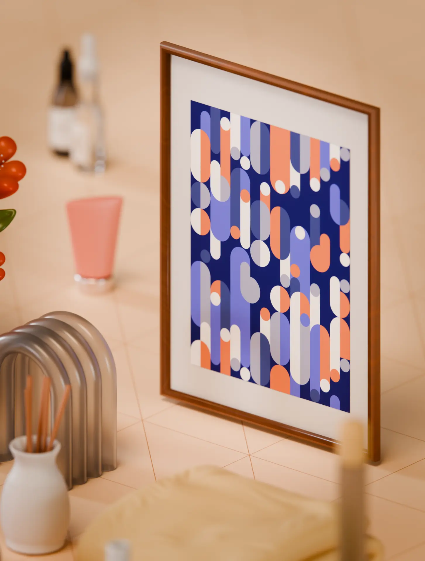 Framed geometric poster in blue and orange, rendered with a soft depth of field
