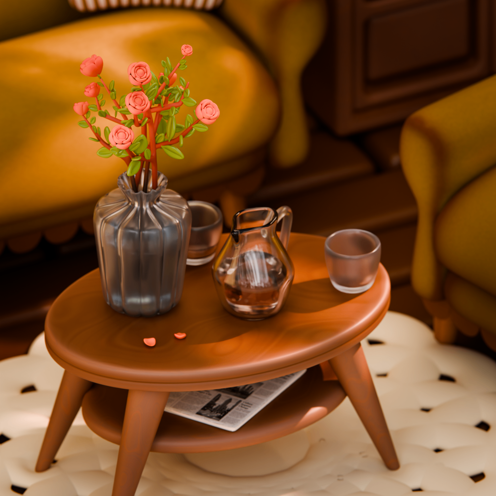 Close-up of a round wooden coffee table with a glass vase of roses, a glass jug and cups