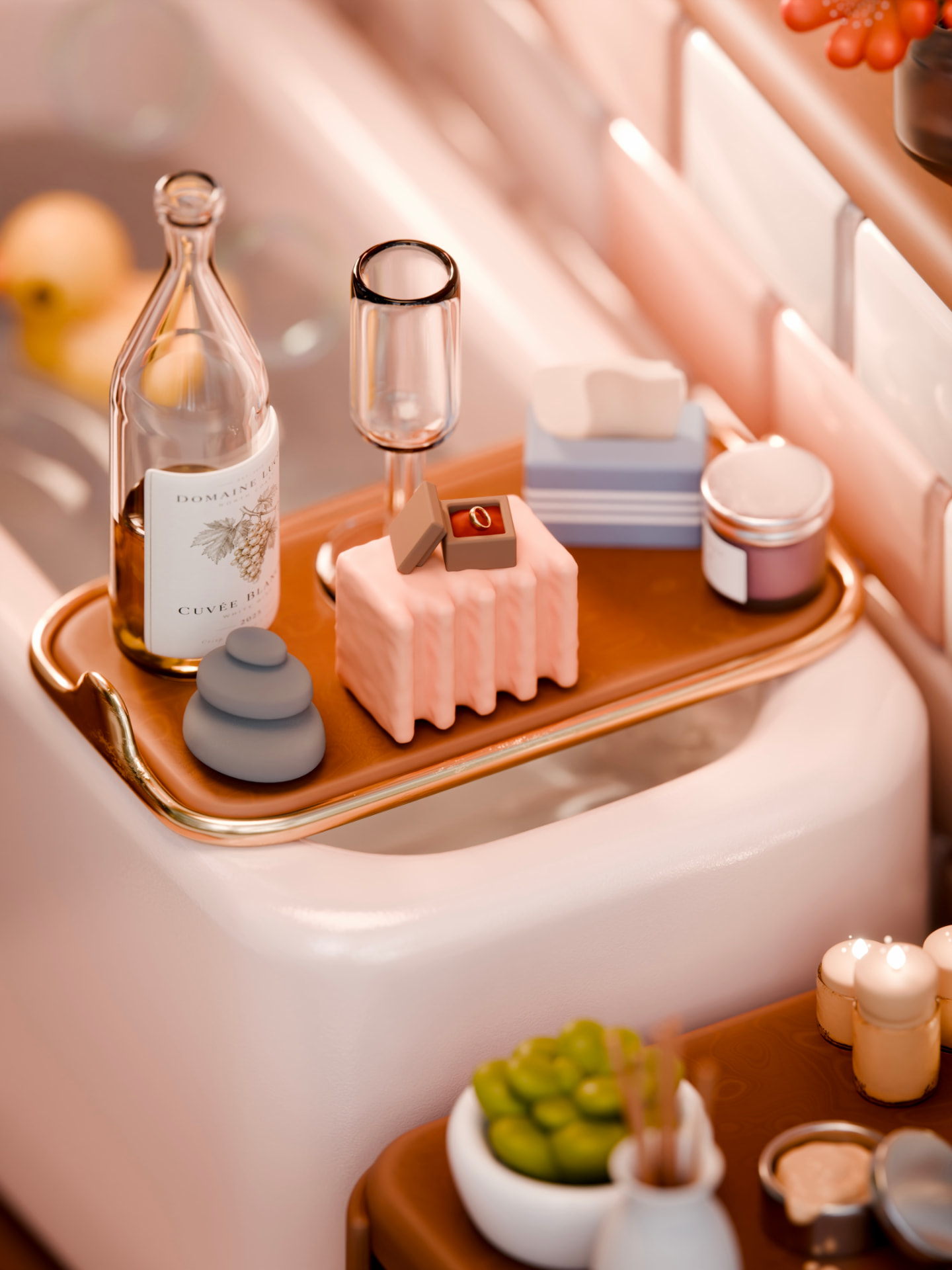 Close-up of a walnut bath tray on the tub holding a wine bottle, champagne glass, ring box on a folded towel, soap and spa stones