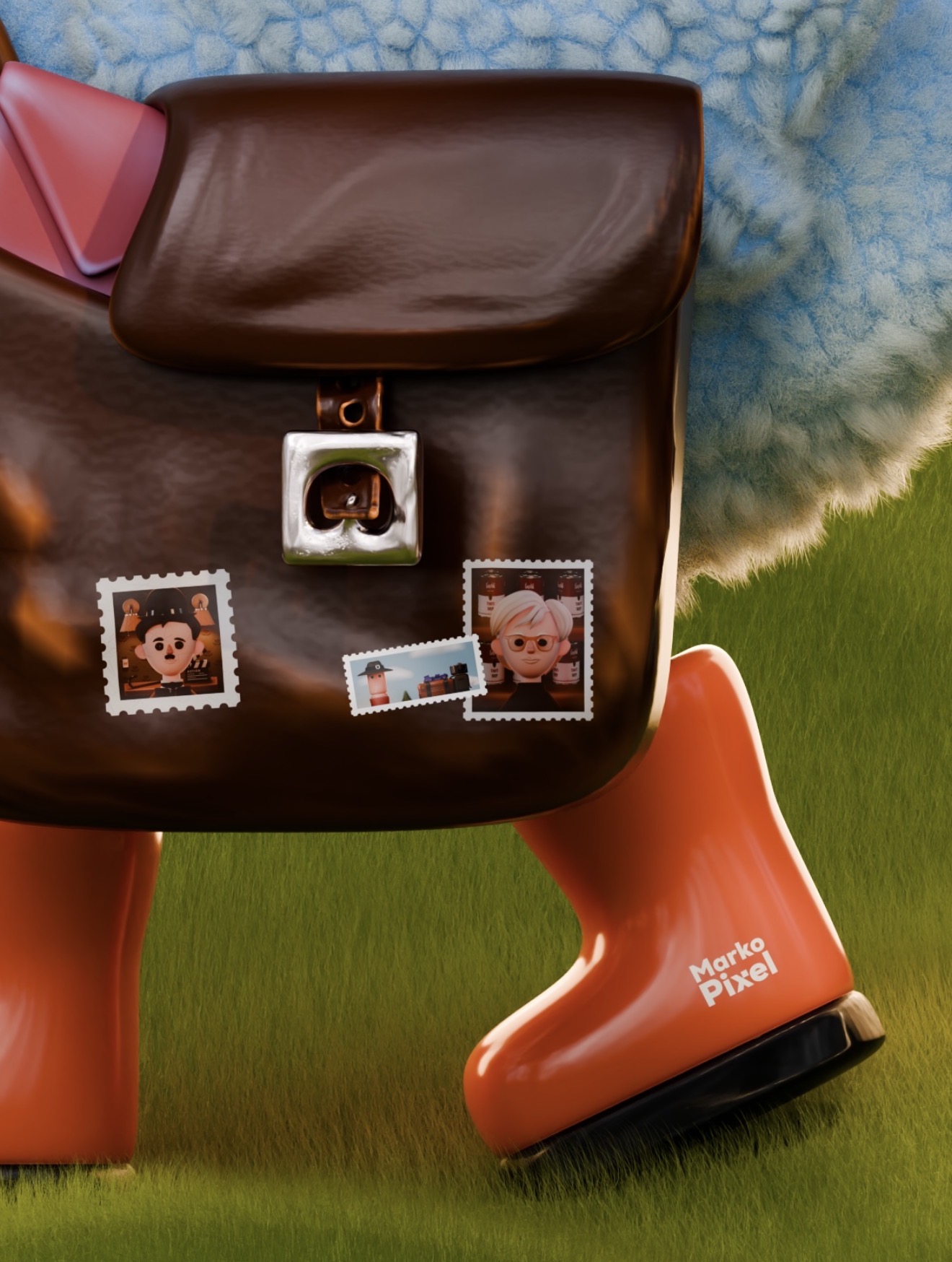 Close-up of the leather mail bag covered in stamps, next to orange rubber boots