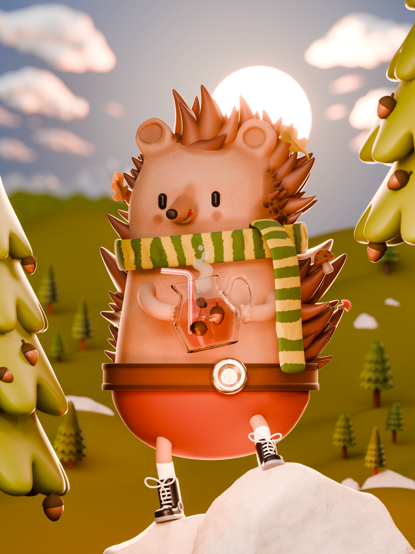 Hedgehog character standing on a rock in an autumn forest, holding a glass mug