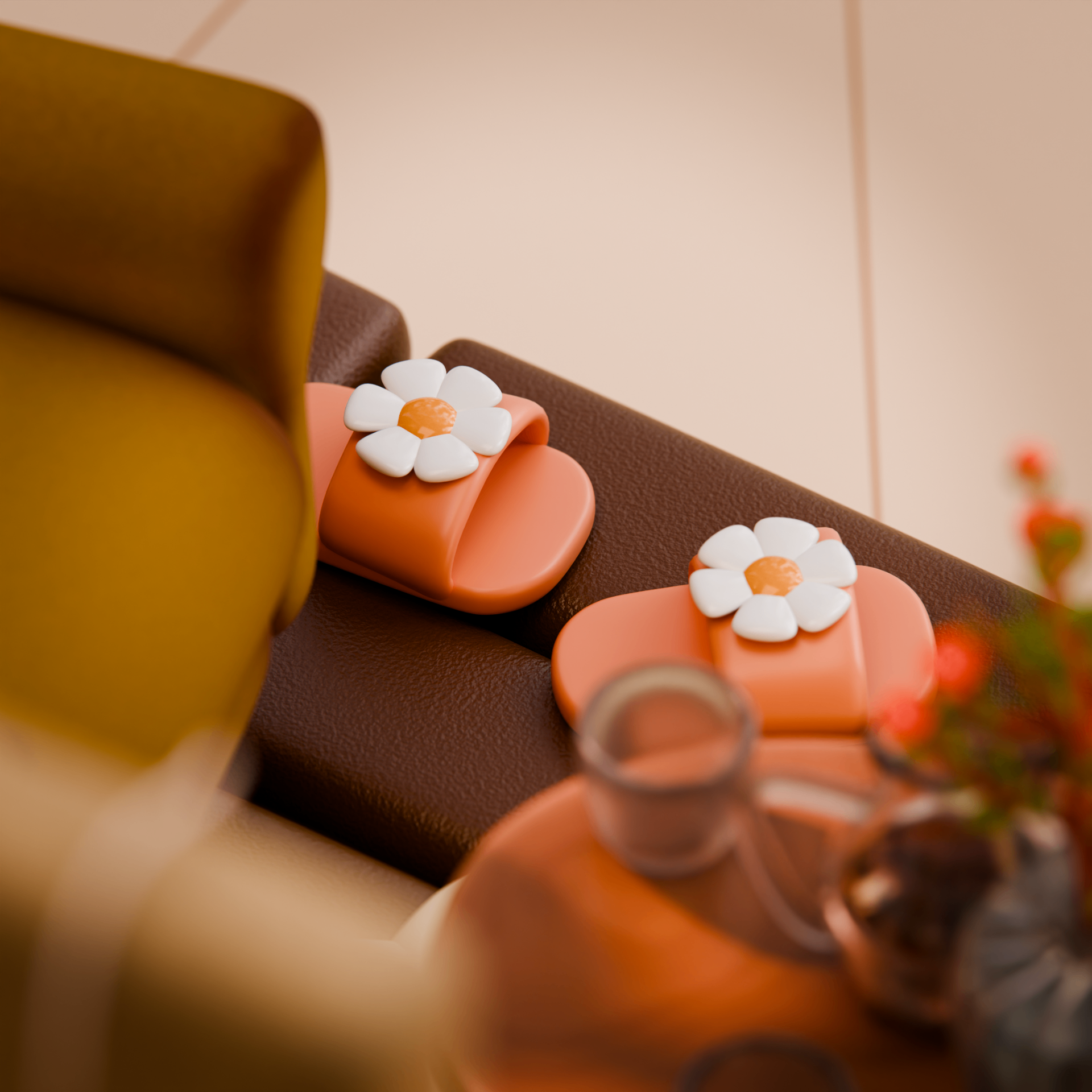 Close-up of orange slippers with daisy flowers, standing on the diorama's wooden floor