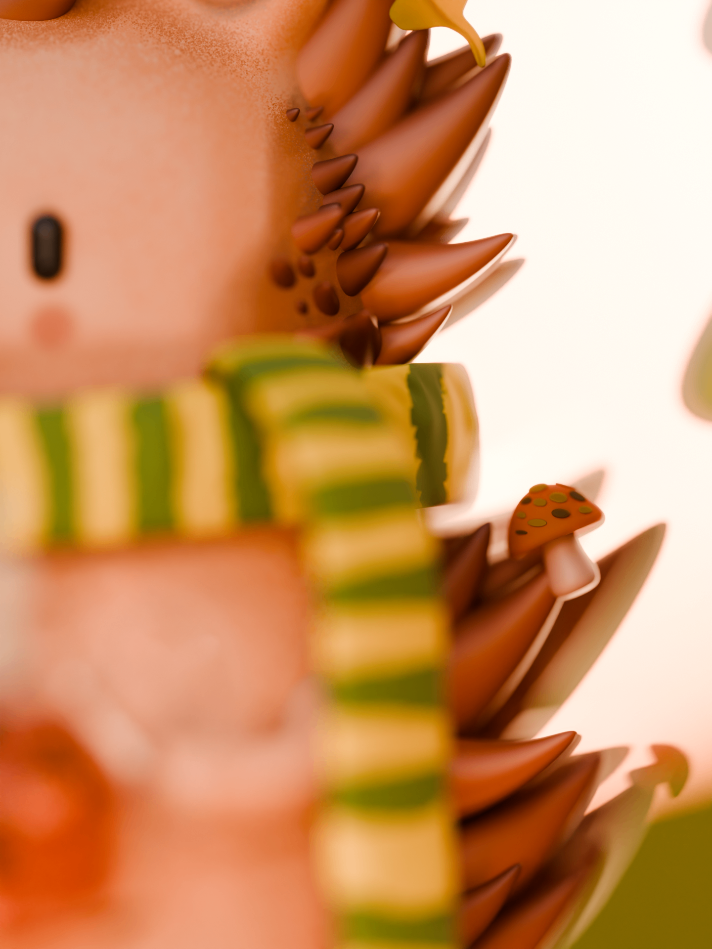 Detail of the hedgehog's spines, scarf and a small mushroom