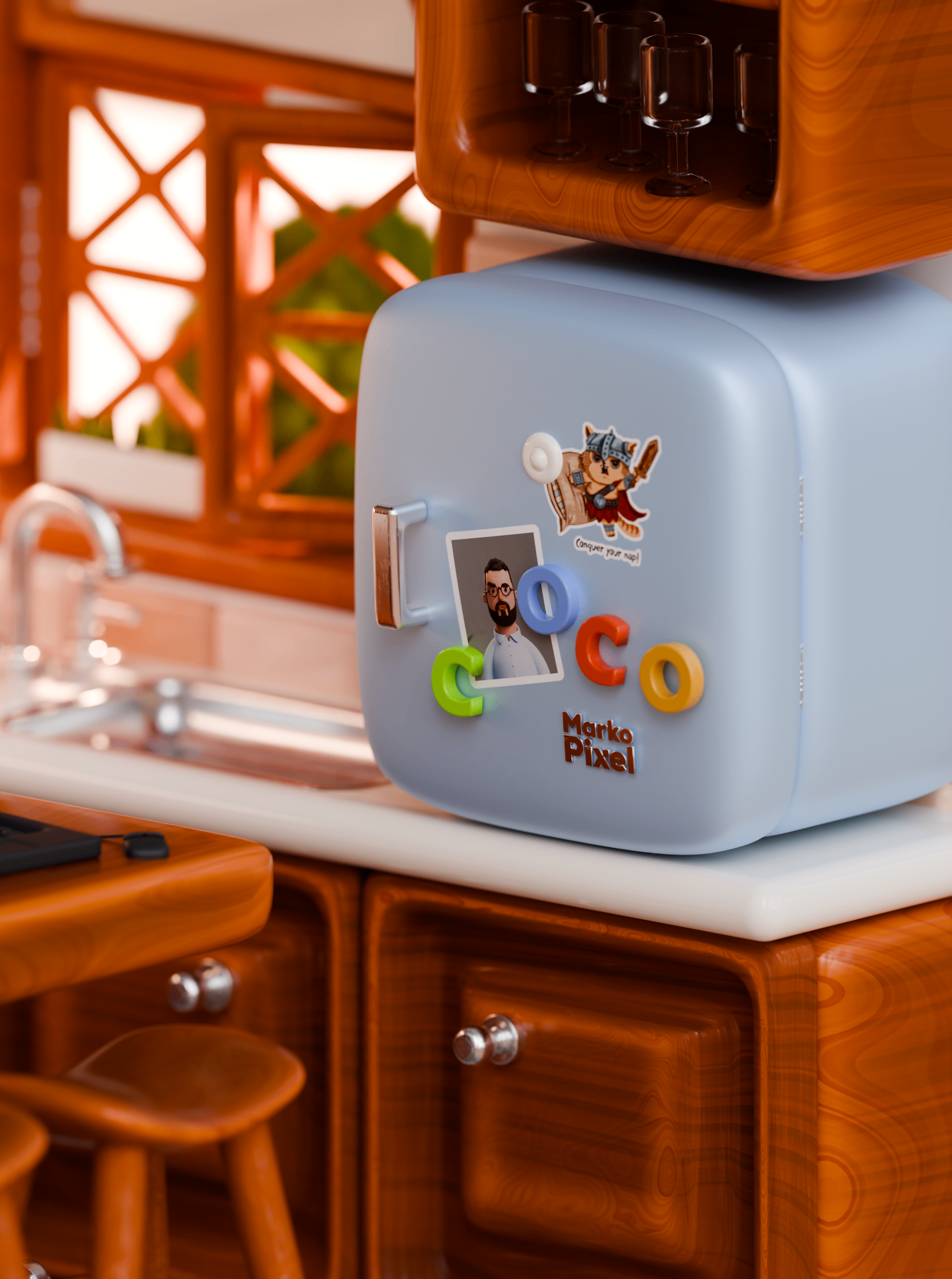 Light-blue refrigerator with wooden cabinets, decorated with magnets and a small sticker